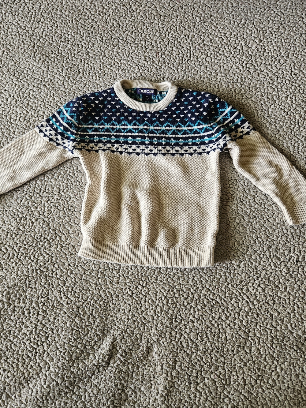 Cherokee Cream Crewneck Sweater with Navy & Teal Fair Isle Yoke